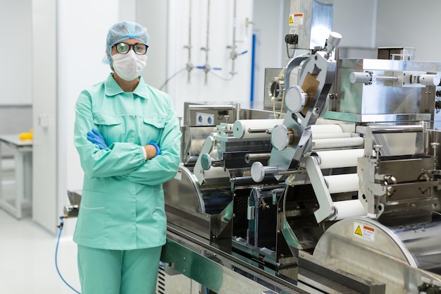 Free photo scientist in blue suit is standing near manufacture machine