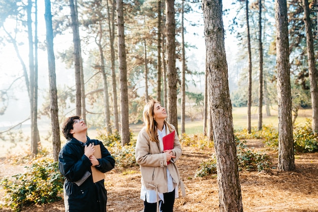 Scientists are studying plant species in the forest. Scientist ecologist inspect trees