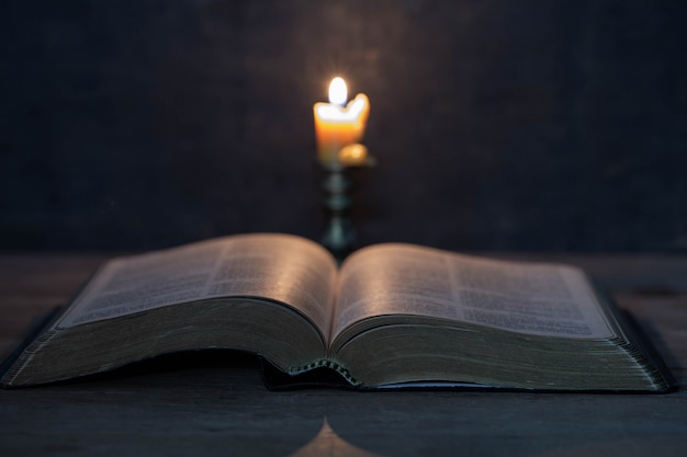 Scriptures and candles on a wooden table