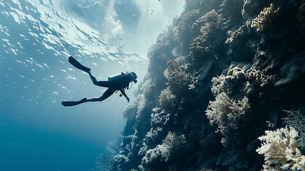 Free photo scuba diver surrounded by beautiful underwater nature