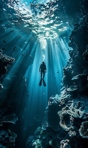 Scuba diver surrounded by beautiful underwater nature