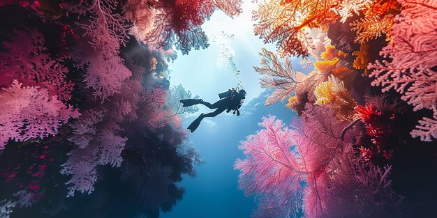 Scuba diver surrounded by beautiful underwater nature