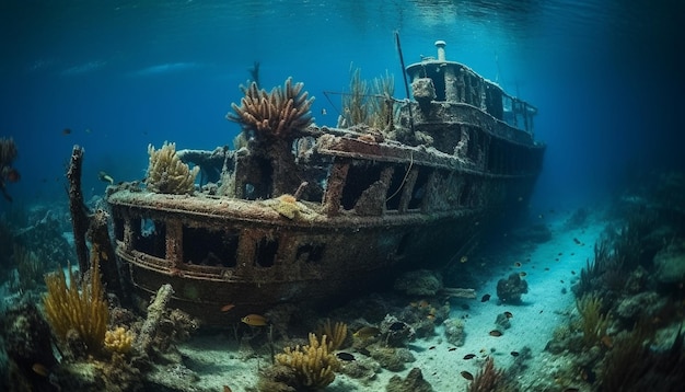 Free photo scuba diving adventure explores sunken shipwreck landscape generated by ai