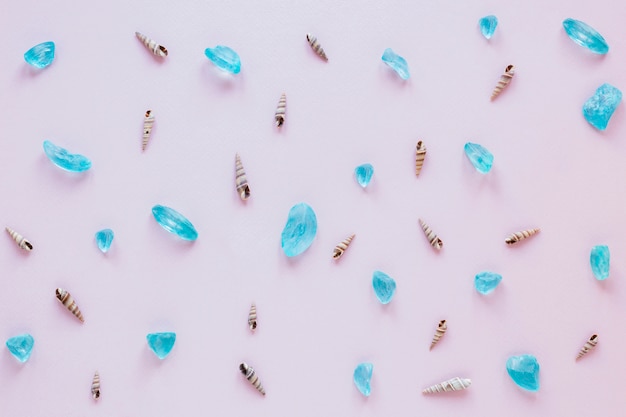 Free photo sea shells with blue stones on table