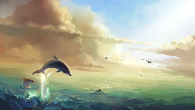 The sea under the sun, jumping dolphins illustration.