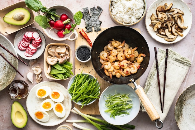 Free photo seafood dish with egg and prawn flat lay photography