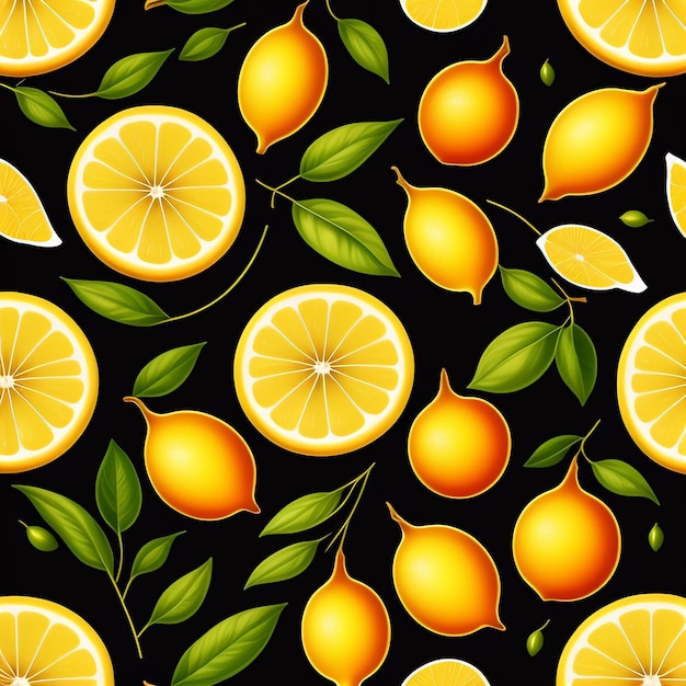 A seamless pattern of lemons with leaves and lemons on a black background.