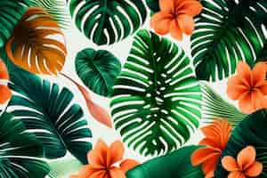 Free photo a seamless pattern with tropical leaves and flowers