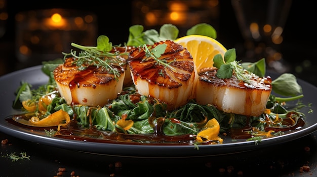 Seared scallops with asparagus present a dish of refined taste