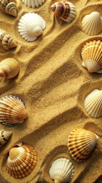 Seashells arranged in a pattern on a bed of sand