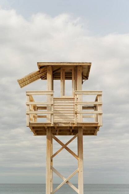 Seaside view with lifeguard tower low angle