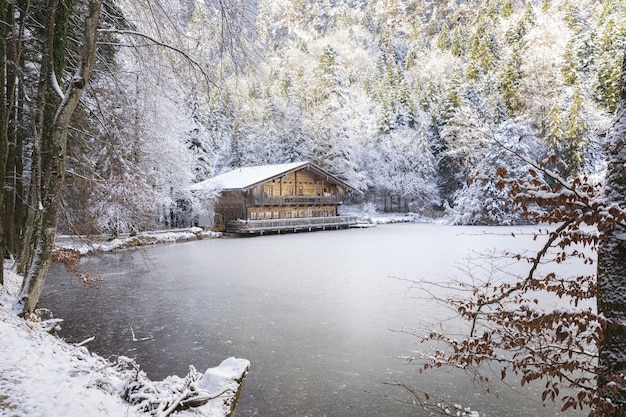 Free Photo secluded mountain lake freezes over in the winter and creates magical moments.