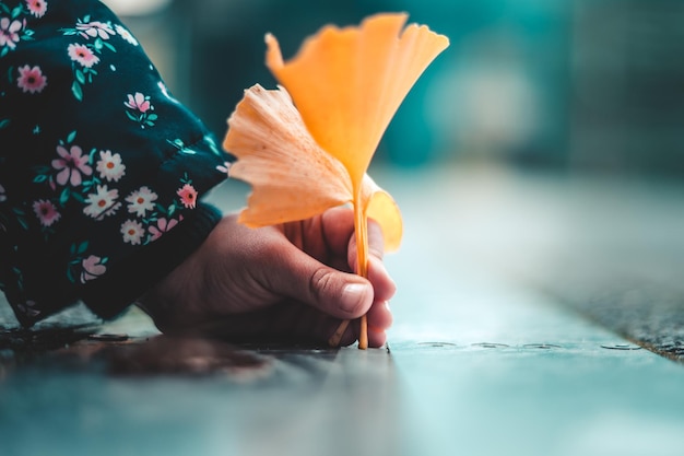 Free photo selective of a child girl's hand writing with an orange leaf on the floor