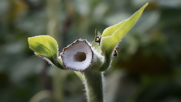 Free photo selective focus shot of a bee sitting on a cut twig with white interior