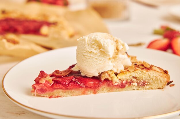 Selective focus shot of delicious rhubarb strawberries gallate cake