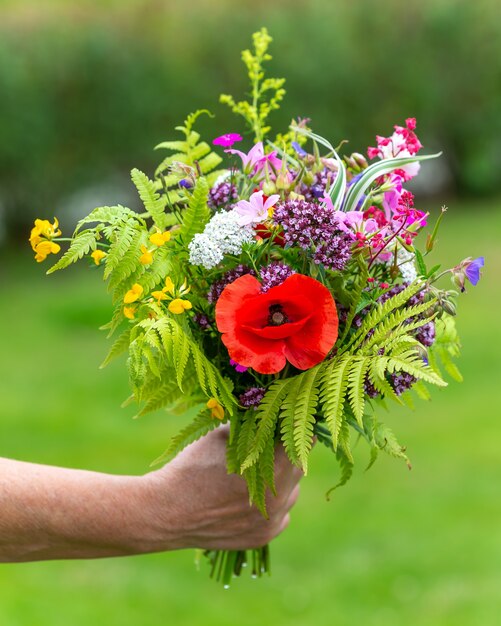 Selective focus shot of someone holding a bouquet of different flowers outdoors during daylight