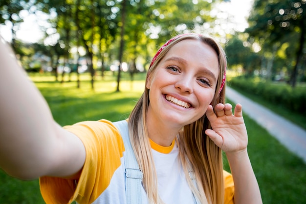 Free Photo selfie of smiley woman outdoors