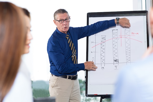 Free photo senior business leader presenting chart to team