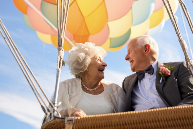 Senior couple getting married in a hot-air-balloon