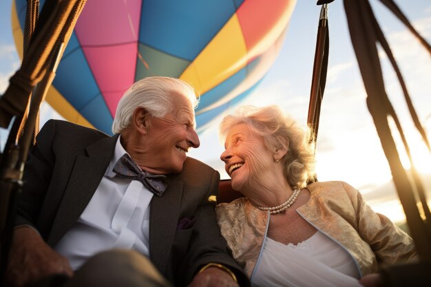 Senior couple getting married in a hot-air-balloon