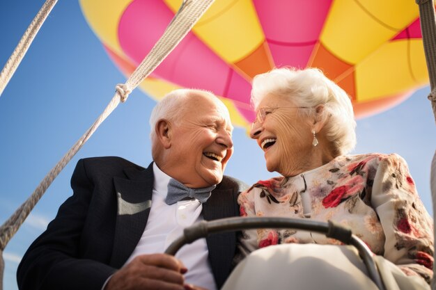 Senior couple getting married in a hot-air-balloon