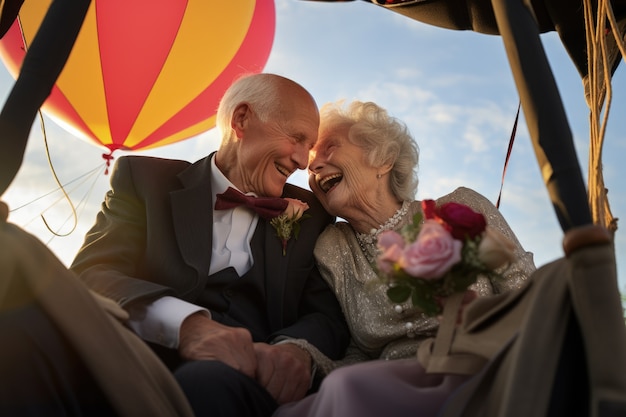 Senior couple getting married in a hot-air-balloon