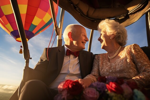 Senior couple getting married in a hot-air-balloon