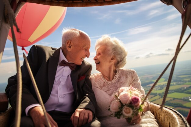 Senior couple getting married in a hot-air-balloon