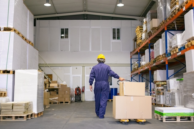 Free photo senior logistic worker in hardhat and uniform walking in warehouse, wheeling palette jack. back view, full length. labor and logistics concept