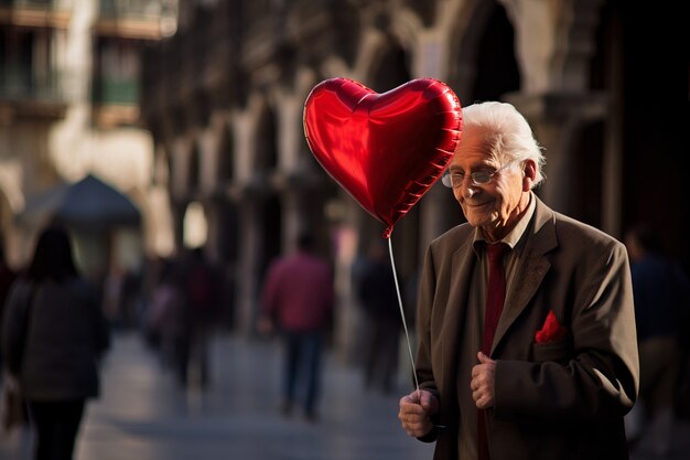 Senior man holding red heart balloon