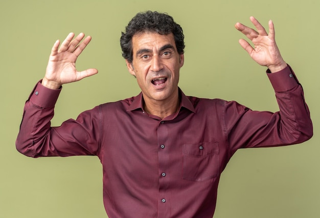 Senior man in purple shirt looking at camera happy and excited with arms raised standing over green background