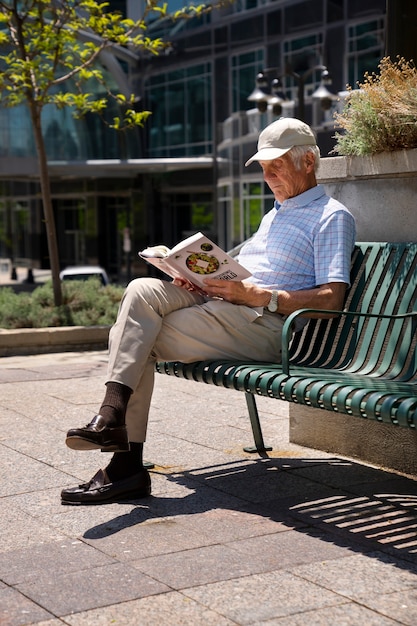 Senior man reading book on bench outdoors