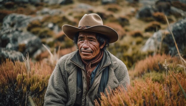 Senior man smiling in warm clothing outdoors generated by AI