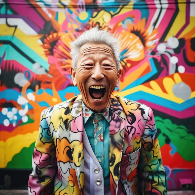 Free photo senior old man happy expression against grunge colorful graffiti wall ai generated