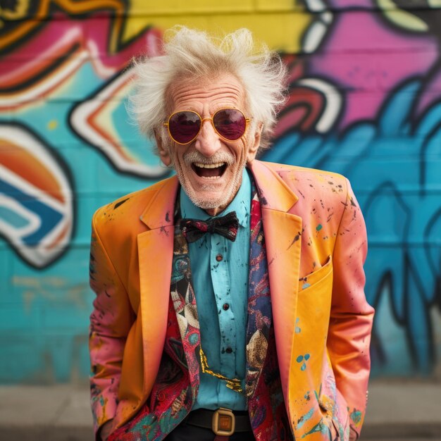 Free photo senior old man happy expression against grunge colorful graffiti wall ai generated