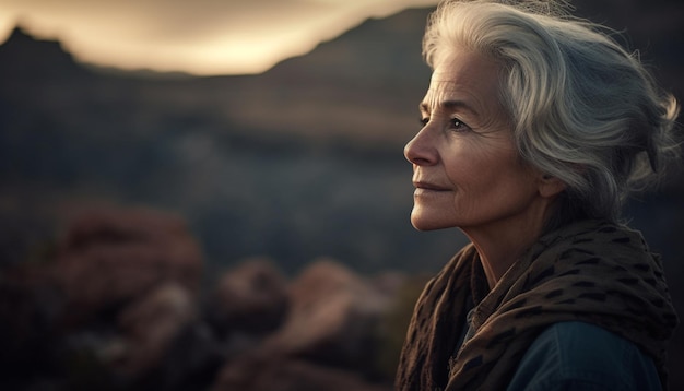 Senior woman enjoys tranquil sunset in nature generated by AI