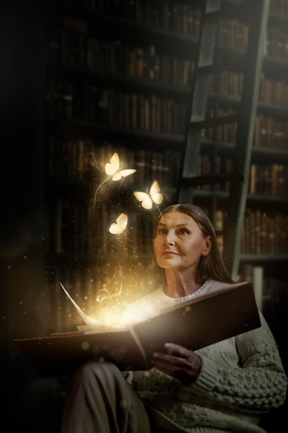 Senior woman holding a book with magical butterflies