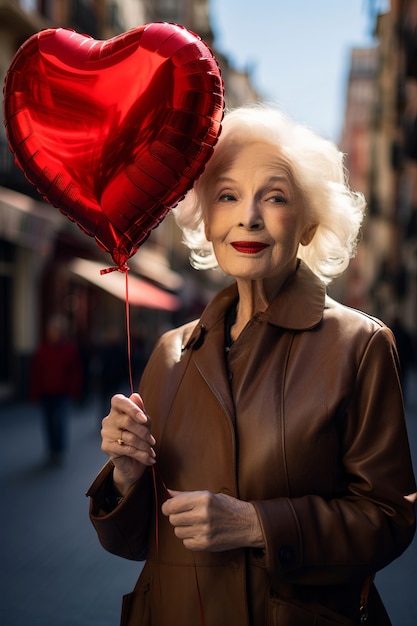 Senior woman holding red heart balloon