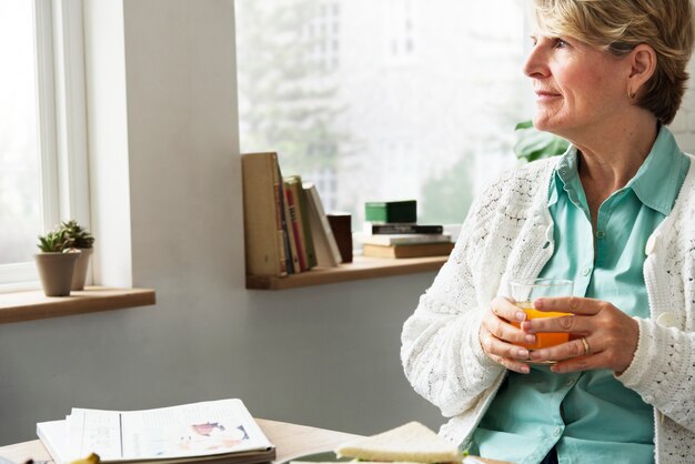 Senior Woman Relax Morning Breakfast Concept