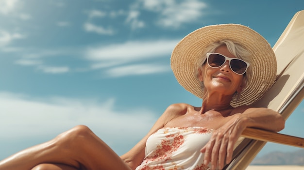 Free photo senior woman relaxing at the beach in summer