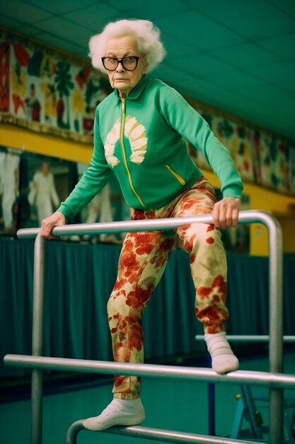 Senior woman training in gymnastics with bars