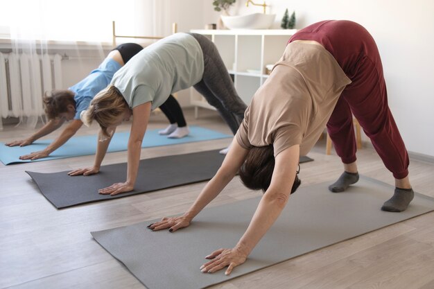 Senior women doing exercises at home together