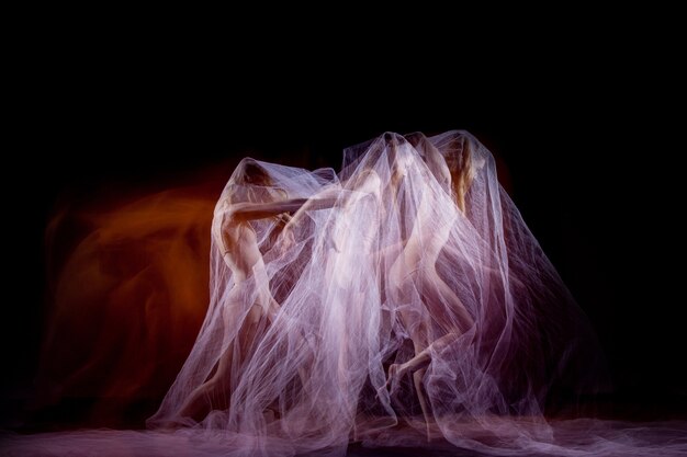 The sensual and emotional dance of beautiful ballerina with veil. Photography technique with strobe