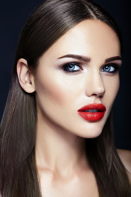 sensual glamour portrait of beautiful  woman model lady with red lips color and clean healthy skin face