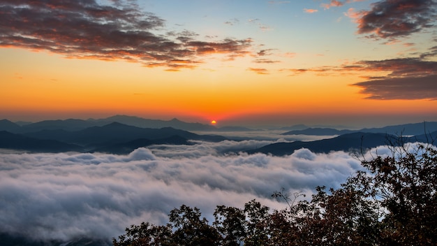 Seoraksan mountains is covered by morning fog and sunrise in Seoul,Korea