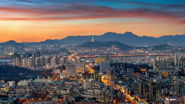 Seoul cityscape at twilight in South Korea.