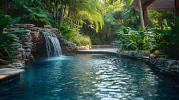 Free photo a serene backyard pool adorned with water features and surrounded by lush greenery