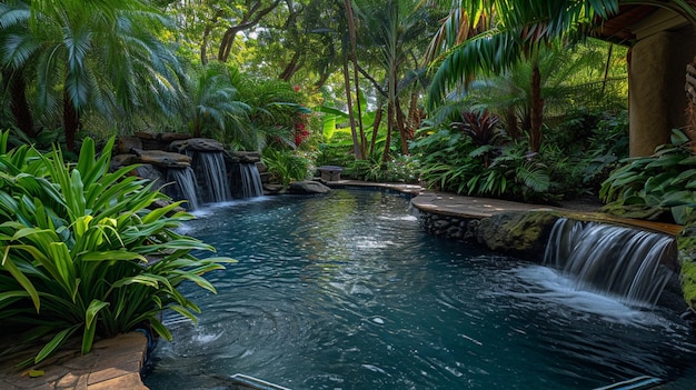 Free photo a serene backyard pool adorned with water features and surrounded by lush greenery