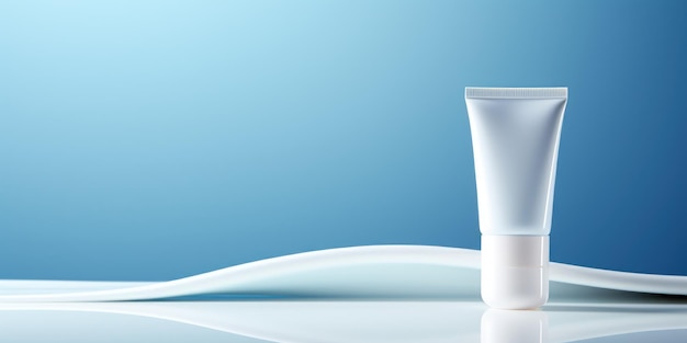 Free photo serene blue backdrop highlights the gentle curves of white skincare tubes