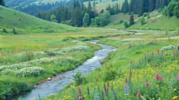 Free photo serene creek meandering through a lush green valley with wildflowers